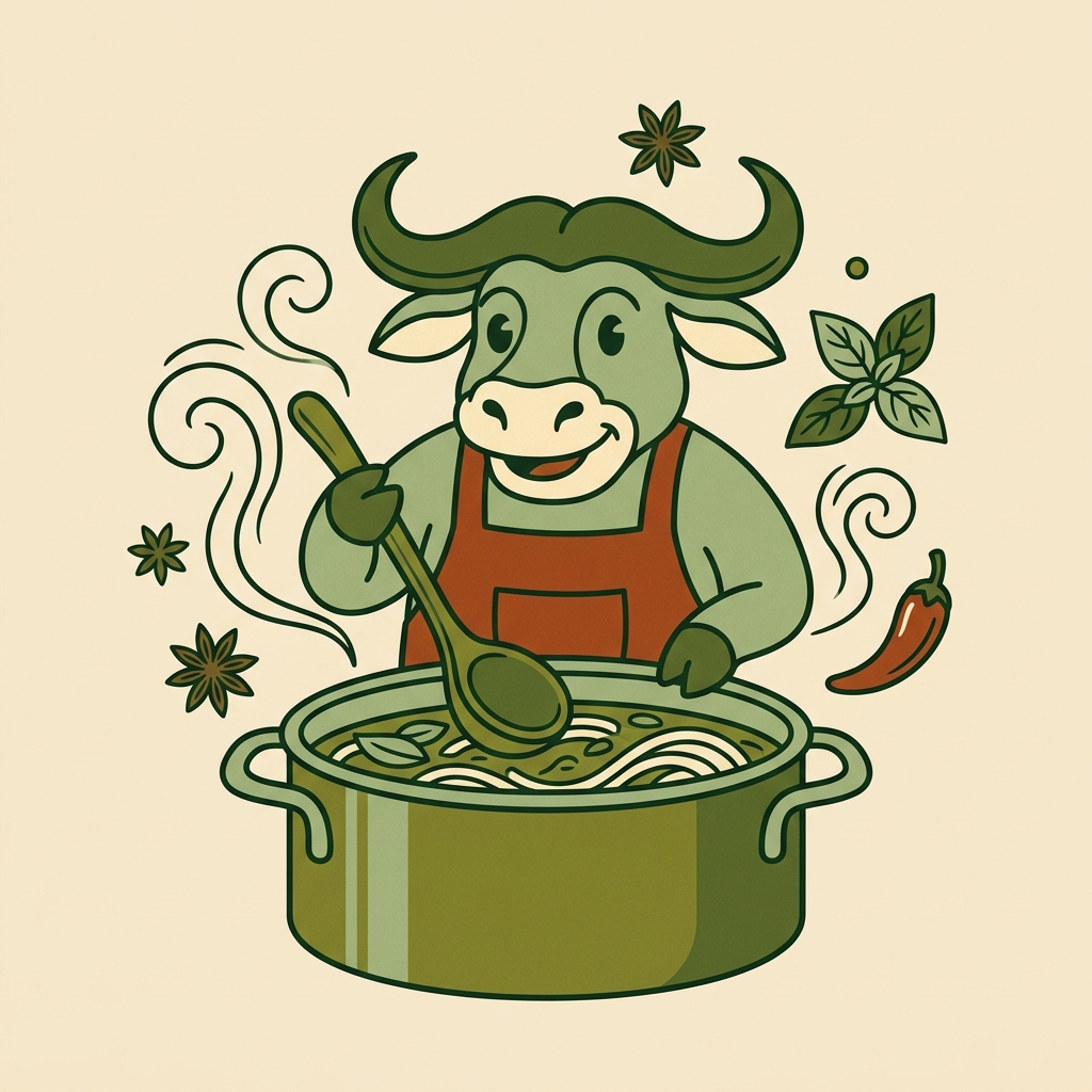 Pho Foodie ox mascot stirring a pot of pho