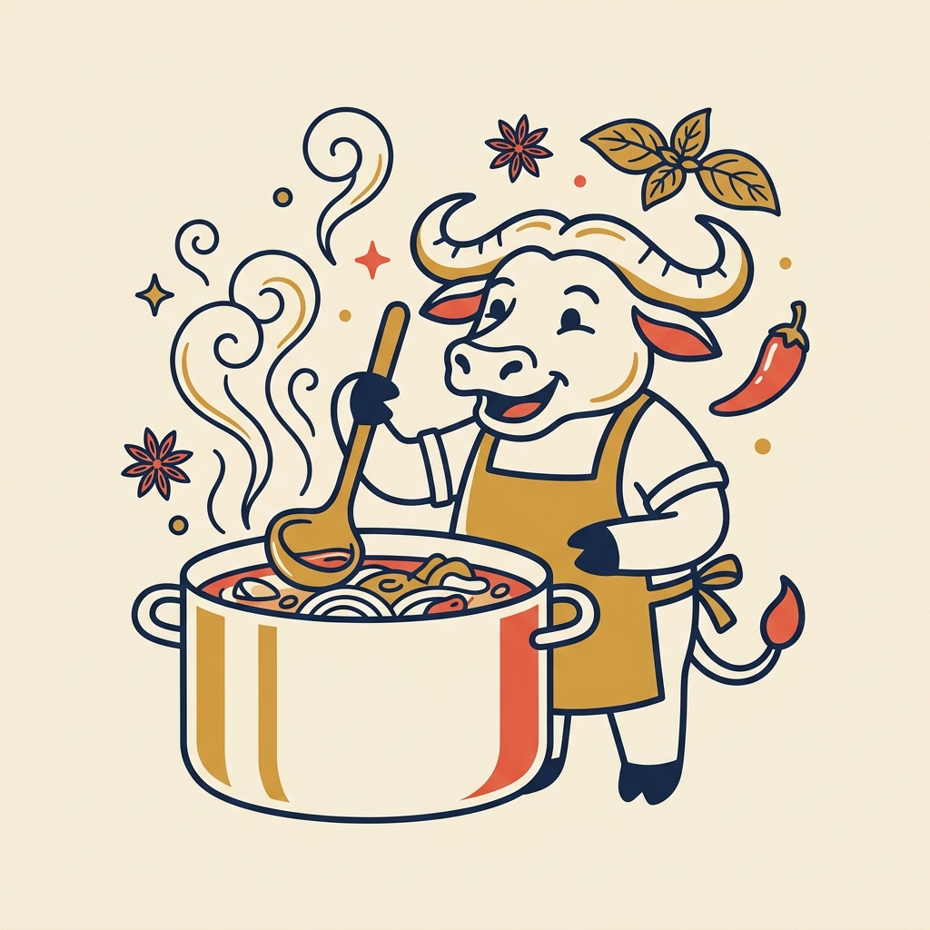 Pho Foodie ox mascot stirring a pot of pho